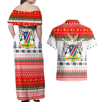 Namibia Christmas Couples Matching Off Shoulder Maxi Dress and Hawaiian Shirt with Red-Green Theme, Coat of Arms, and National Flag Motif - Wonder Print Shop