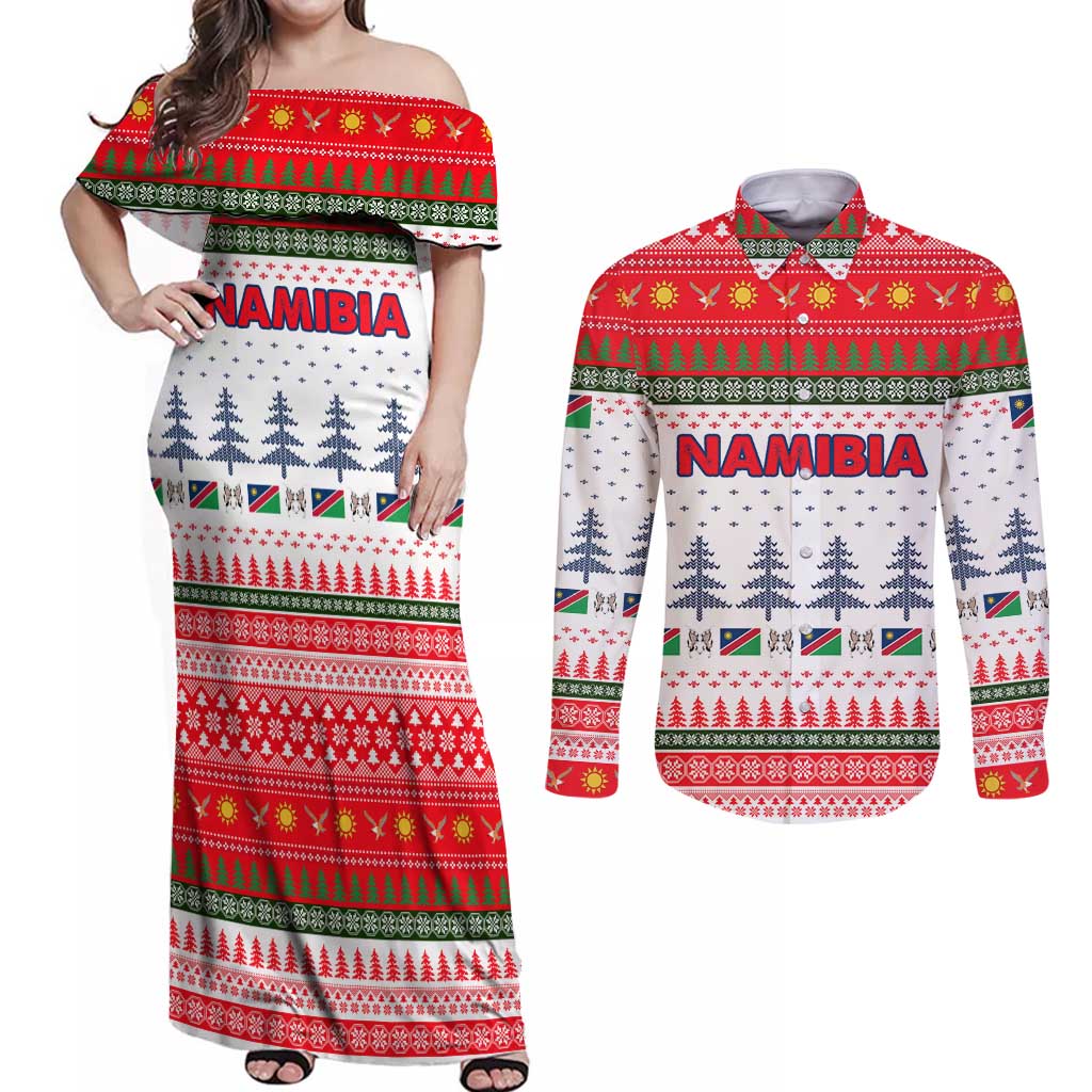 Namibia Christmas Couples Matching Off Shoulder Maxi Dress and Long Sleeve Button Shirt with Red-Green Theme, Coat of Arms, and National Flag Motif - Wonder Print Shop
