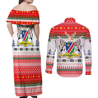 Namibia Christmas Couples Matching Off Shoulder Maxi Dress and Long Sleeve Button Shirt with Red-Green Theme, Coat of Arms, and National Flag Motif - Wonder Print Shop