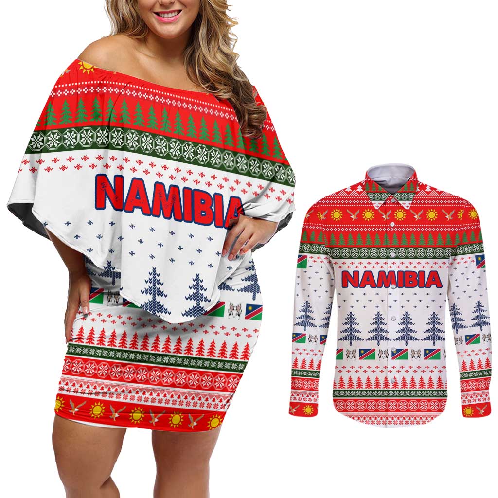 Namibia Christmas Couples Matching Off Shoulder Short Dress and Long Sleeve Button Shirt with Red-Green Theme, Coat of Arms, and National Flag Motif - Wonder Print Shop