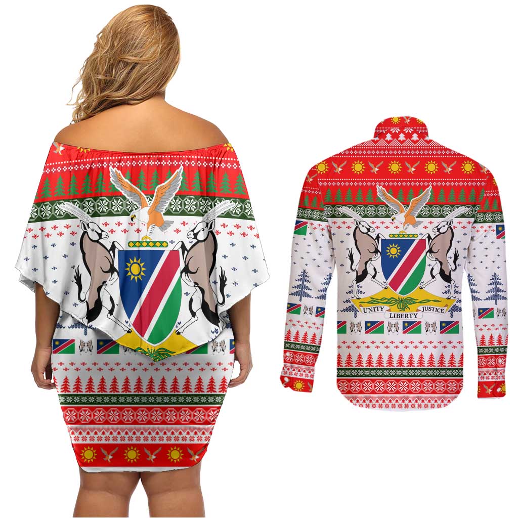 Namibia Christmas Couples Matching Off Shoulder Short Dress and Long Sleeve Button Shirt with Red-Green Theme, Coat of Arms, and National Flag Motif - Wonder Print Shop