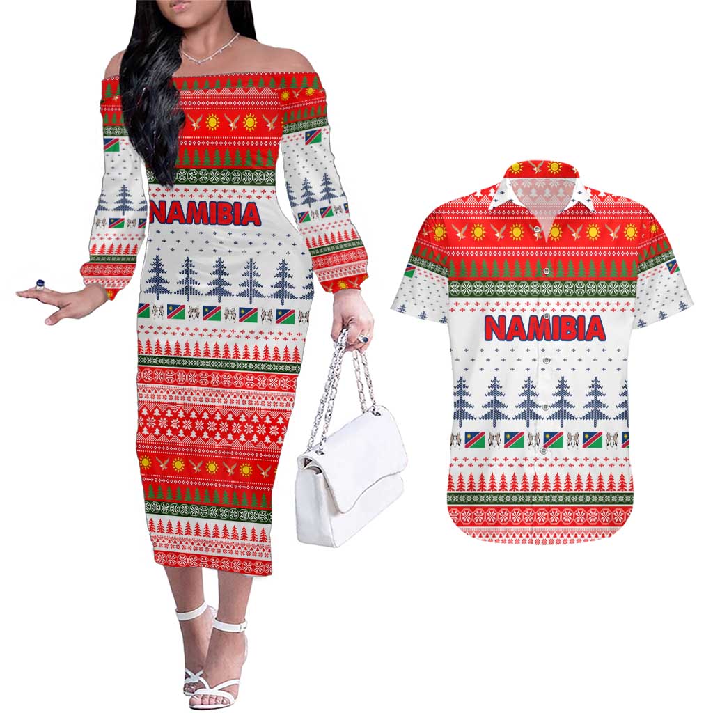 Namibia Christmas Couples Matching Off The Shoulder Long Sleeve Dress and Hawaiian Shirt with Red-Green Theme, Coat of Arms, and National Flag Motif - Wonder Print Shop
