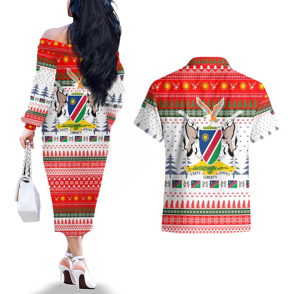 Namibia Christmas Couples Matching Off The Shoulder Long Sleeve Dress and Hawaiian Shirt with Red-Green Theme, Coat of Arms, and National Flag Motif - Wonder Print Shop