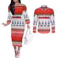Namibia Christmas Couples Matching Off The Shoulder Long Sleeve Dress and Long Sleeve Button Shirt with Red-Green Theme, Coat of Arms, and National Flag Motif - Wonder Print Shop