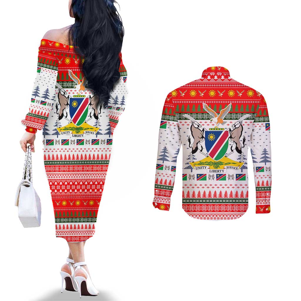 Namibia Christmas Couples Matching Off The Shoulder Long Sleeve Dress and Long Sleeve Button Shirt with Red-Green Theme, Coat of Arms, and National Flag Motif - Wonder Print Shop