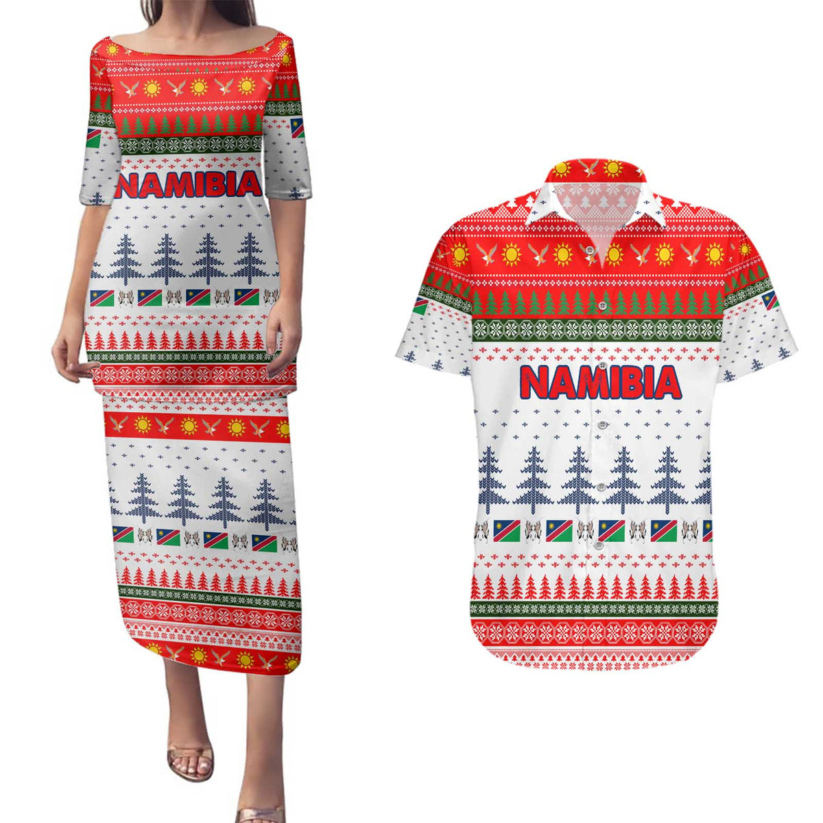Namibia Christmas Couples Matching Puletasi and Hawaiian Shirt with Red-Green Theme, Coat of Arms, and National Flag Motif - Wonder Print Shop