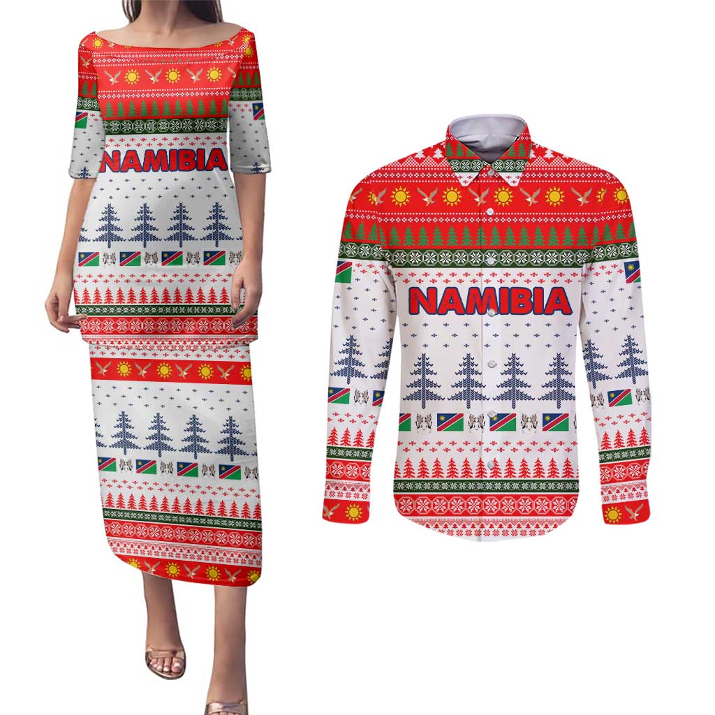 Namibia Christmas Couples Matching Puletasi and Long Sleeve Button Shirt with Red-Green Theme, Coat of Arms, and National Flag Motif - Wonder Print Shop
