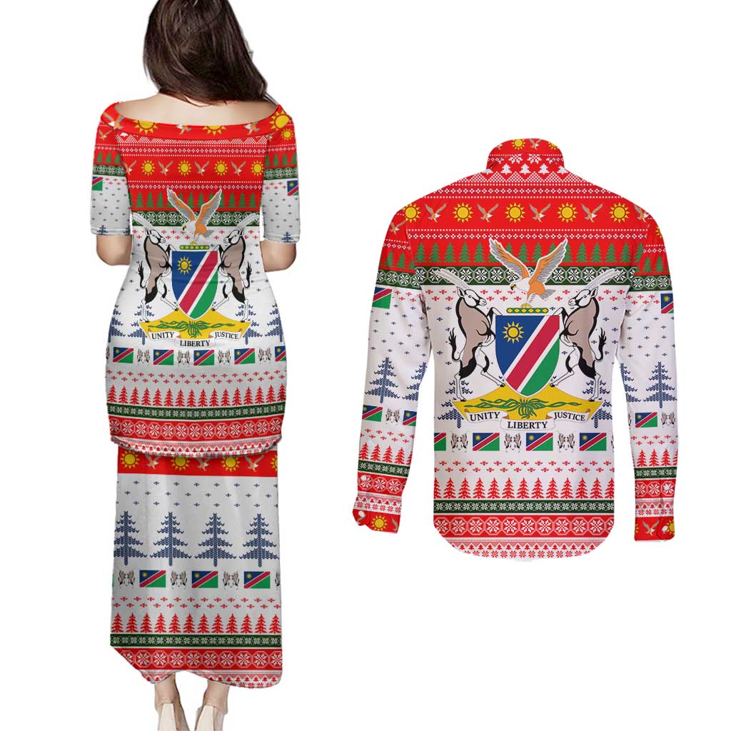 Namibia Christmas Couples Matching Puletasi and Long Sleeve Button Shirt with Red-Green Theme, Coat of Arms, and National Flag Motif - Wonder Print Shop