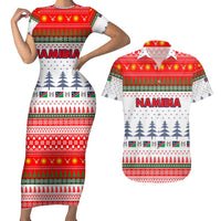 Namibia Christmas Couples Matching Short Sleeve Bodycon Dress and Hawaiian Shirt with Red-Green Theme, Coat of Arms, and National Flag Motif - Wonder Print Shop