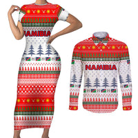 Namibia Christmas Couples Matching Short Sleeve Bodycon Dress and Long Sleeve Button Shirt with Red-Green Theme, Coat of Arms, and National Flag Motif - Wonder Print Shop