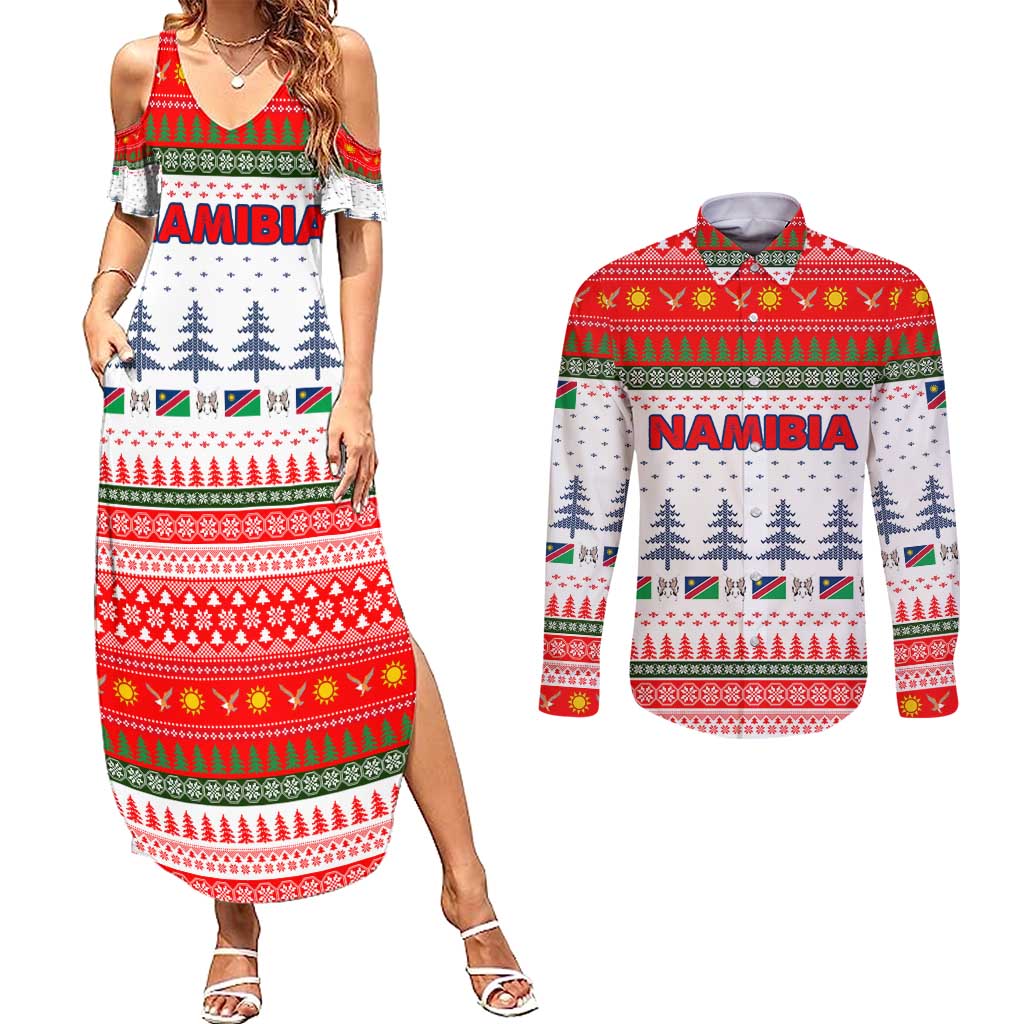 Namibia Christmas Couples Matching Summer Maxi Dress and Long Sleeve Button Shirt with Red-Green Theme, Coat of Arms, and National Flag Motif - Wonder Print Shop