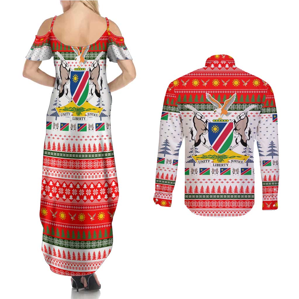 Namibia Christmas Couples Matching Summer Maxi Dress and Long Sleeve Button Shirt with Red-Green Theme, Coat of Arms, and National Flag Motif - Wonder Print Shop