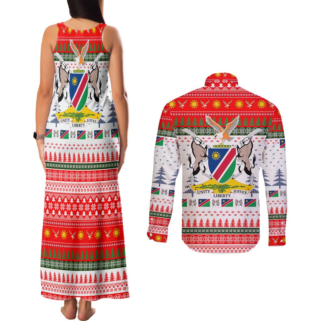 Namibia Christmas Couples Matching Tank Maxi Dress and Long Sleeve Button Shirt with Red-Green Theme, Coat of Arms, and National Flag Motif - Wonder Print Shop