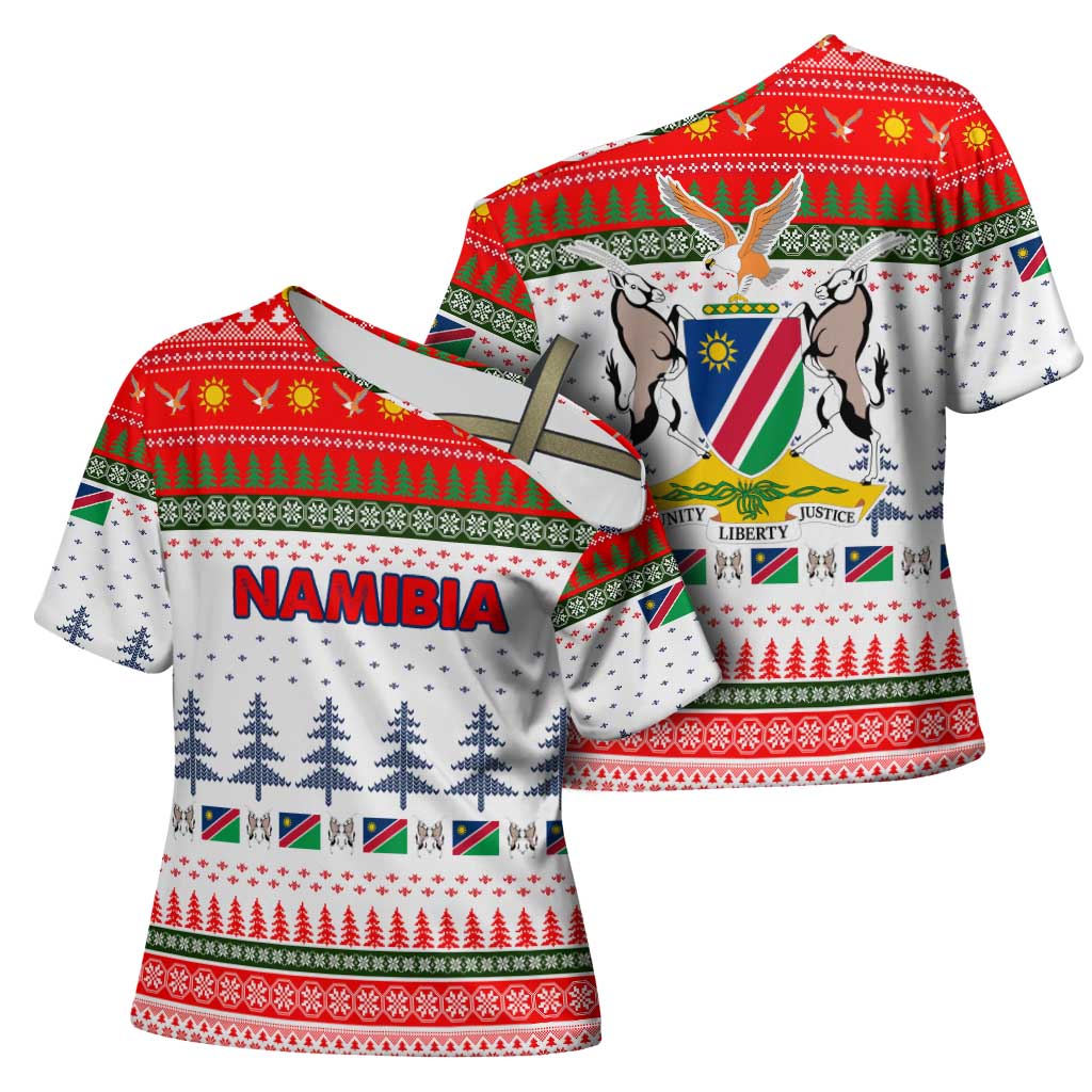 Namibia Christmas Cross Shoulder Shirt with Red-Green Theme, Coat of Arms, and National Flag Motif - Wonder Print Shop