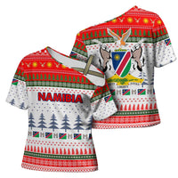 Namibia Christmas Cross Shoulder Shirt with Red-Green Theme, Coat of Arms, and National Flag Motif - Wonder Print Shop
