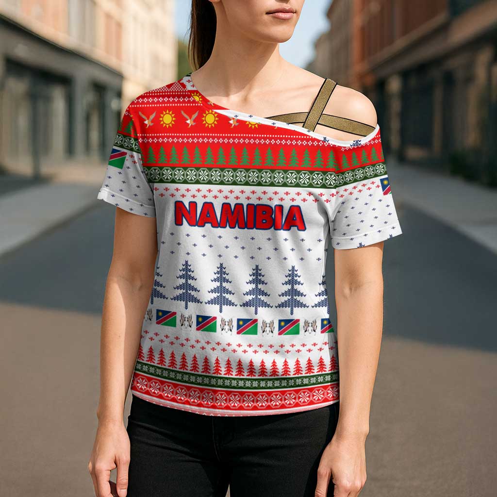 Namibia Christmas Cross Shoulder Shirt with Red-Green Theme, Coat of Arms, and National Flag Motif - Wonder Print Shop
