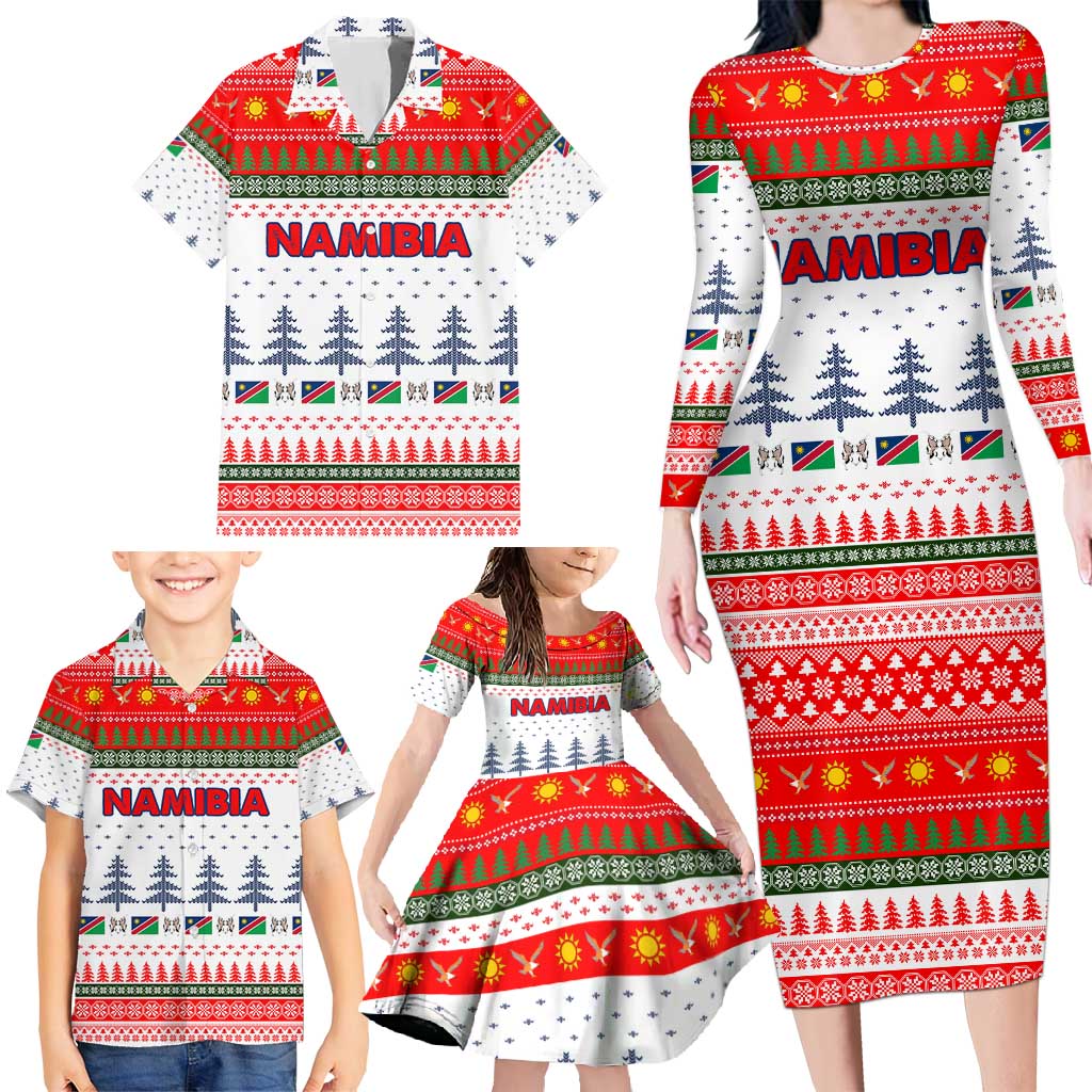 Namibia Christmas Family Matching Long Sleeve Bodycon Dress and Hawaiian Shirt with Red-Green Theme, Coat of Arms, and National Flag Motif - Wonder Print Shop