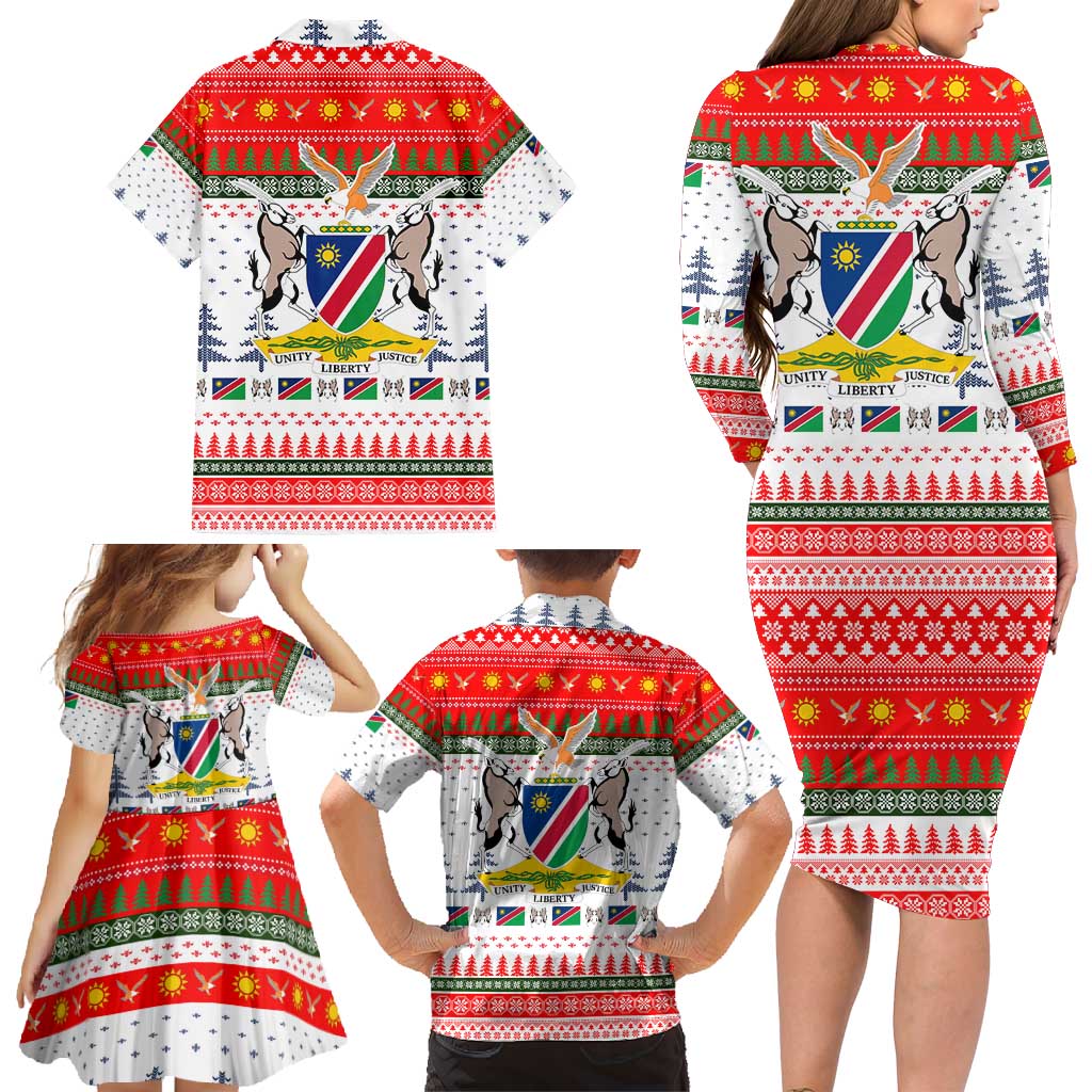 Namibia Christmas Family Matching Long Sleeve Bodycon Dress and Hawaiian Shirt with Red-Green Theme, Coat of Arms, and National Flag Motif - Wonder Print Shop