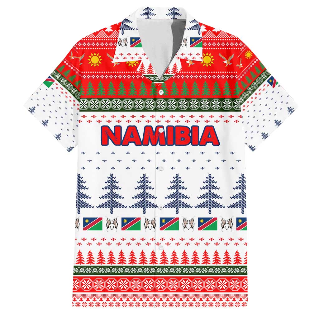 Namibia Christmas Family Matching Long Sleeve Bodycon Dress and Hawaiian Shirt with Red-Green Theme, Coat of Arms, and National Flag Motif - Wonder Print Shop