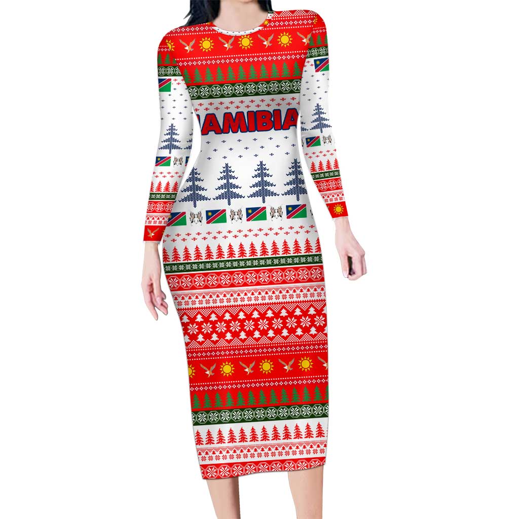 Namibia Christmas Family Matching Long Sleeve Bodycon Dress and Hawaiian Shirt with Red-Green Theme, Coat of Arms, and National Flag Motif - Wonder Print Shop