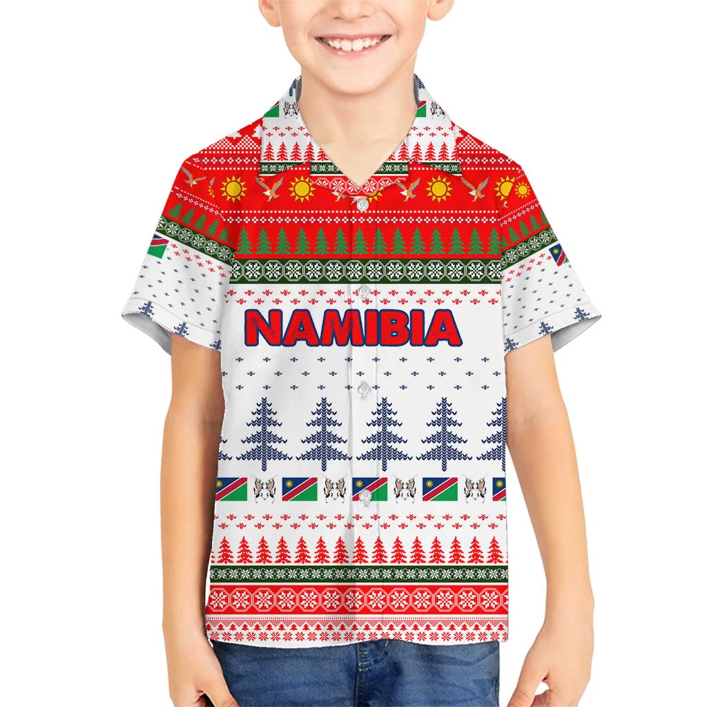 Namibia Christmas Family Matching Long Sleeve Bodycon Dress and Hawaiian Shirt with Red-Green Theme, Coat of Arms, and National Flag Motif - Wonder Print Shop
