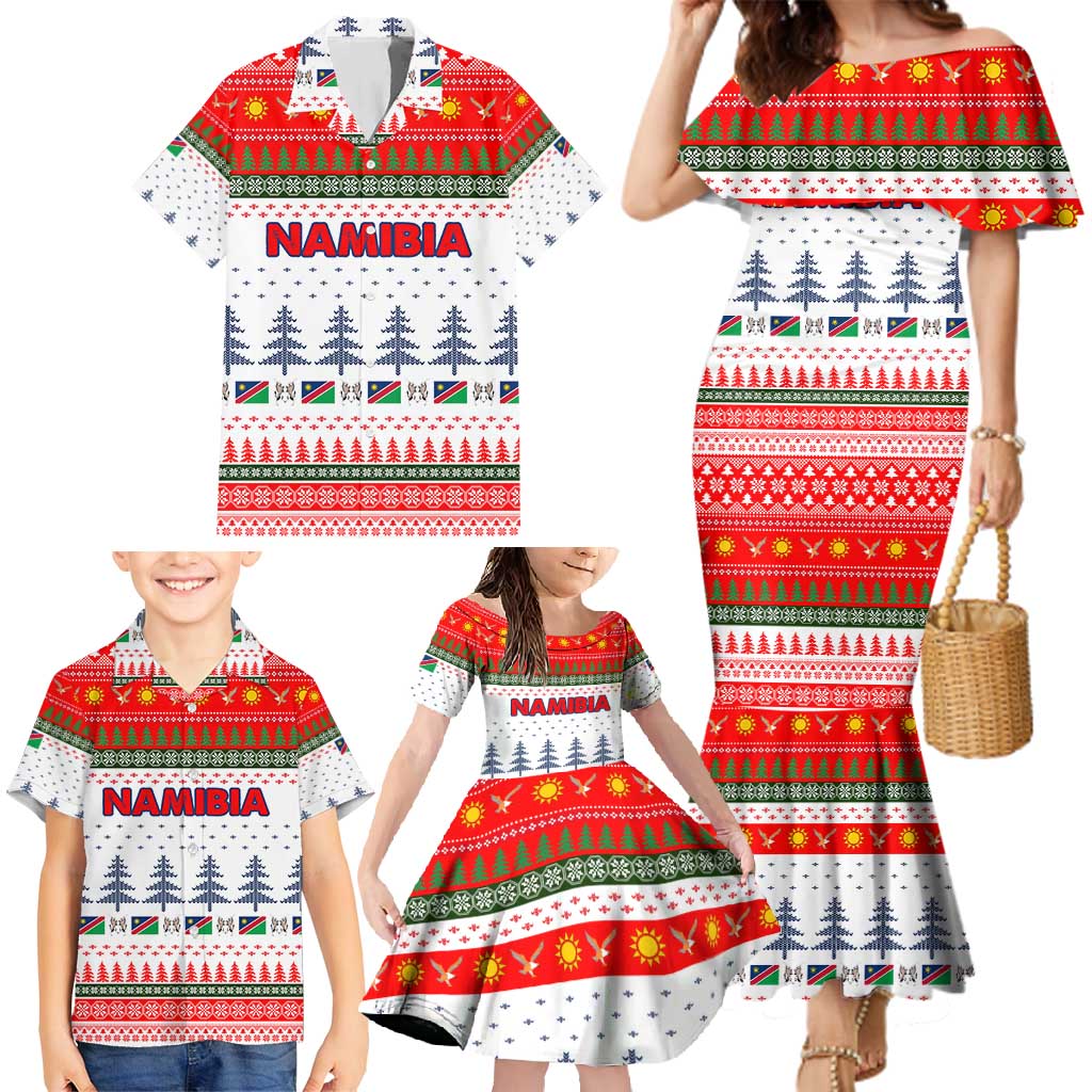 Namibia Christmas Family Matching Mermaid Dress and Hawaiian Shirt with Red-Green Theme, Coat of Arms, and National Flag Motif - Wonder Print Shop