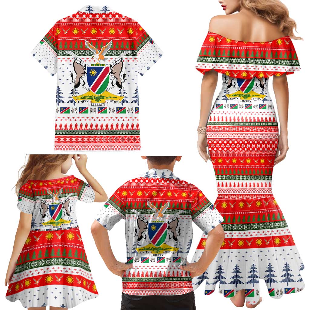 Namibia Christmas Family Matching Mermaid Dress and Hawaiian Shirt with Red-Green Theme, Coat of Arms, and National Flag Motif - Wonder Print Shop