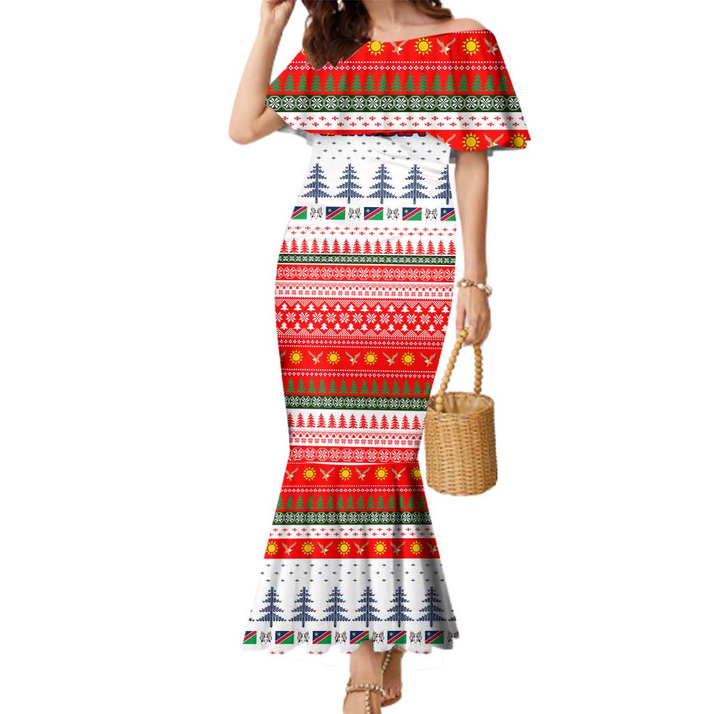 Namibia Christmas Family Matching Mermaid Dress and Hawaiian Shirt with Red-Green Theme, Coat of Arms, and National Flag Motif - Wonder Print Shop