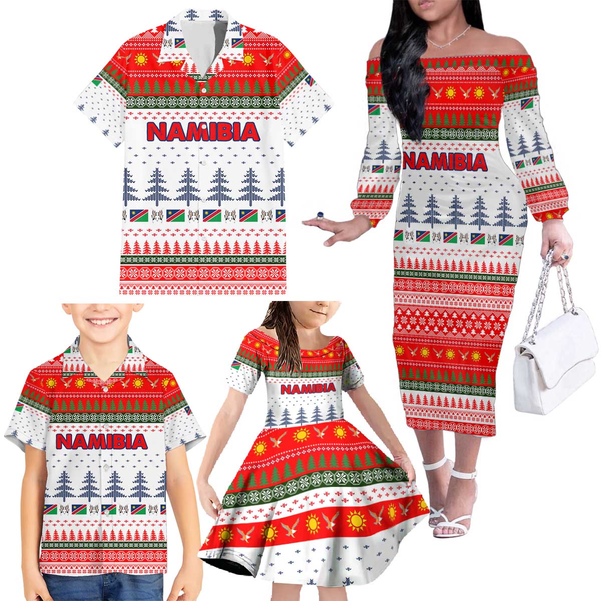 Namibia Christmas Family Matching Off The Shoulder Long Sleeve Dress and Hawaiian Shirt with Red-Green Theme, Coat of Arms, and National Flag Motif - Wonder Print Shop