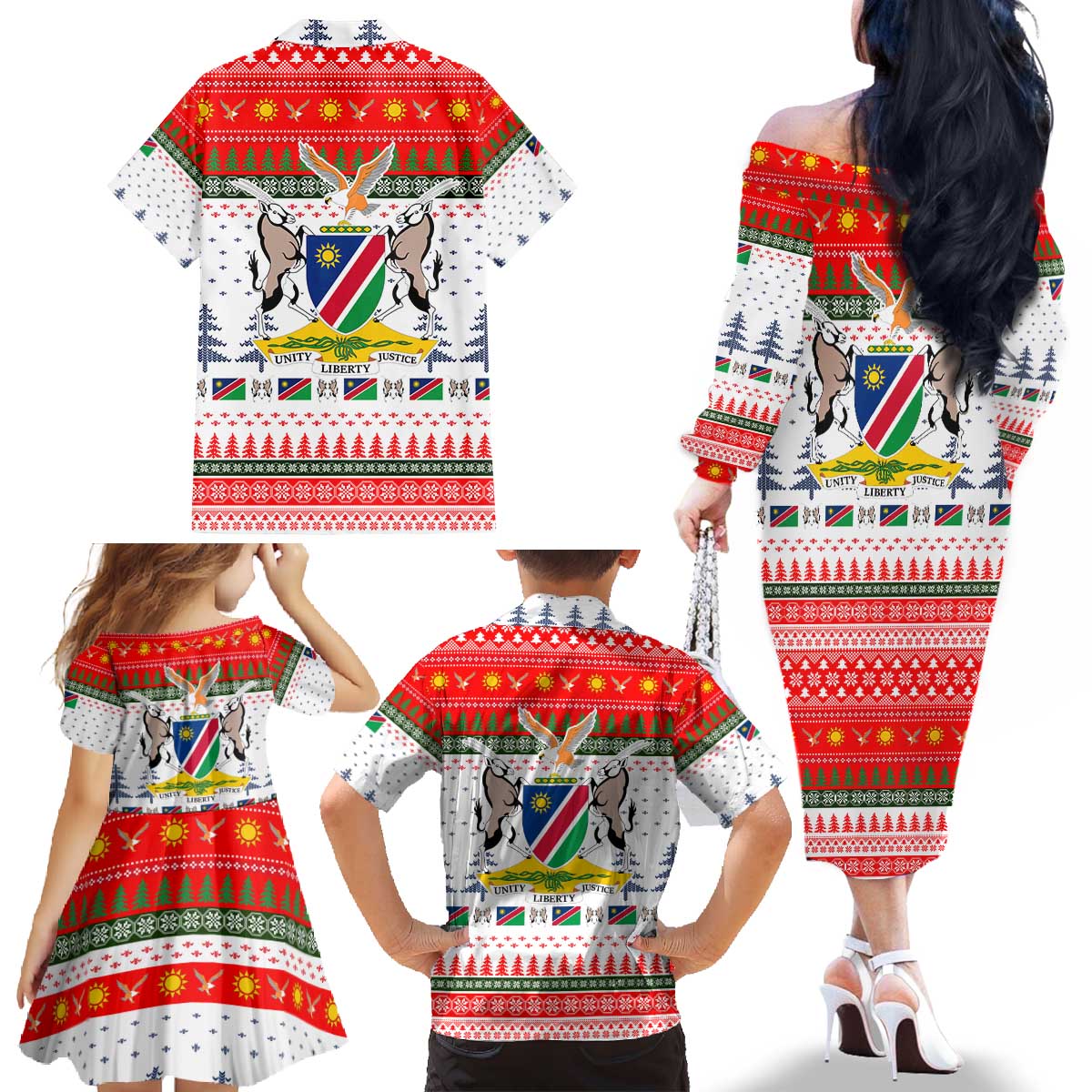 Namibia Christmas Family Matching Off The Shoulder Long Sleeve Dress and Hawaiian Shirt with Red-Green Theme, Coat of Arms, and National Flag Motif - Wonder Print Shop
