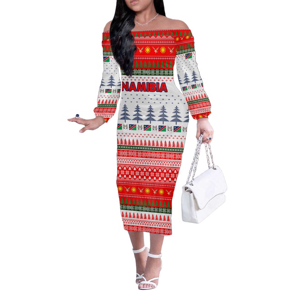 Namibia Christmas Family Matching Off The Shoulder Long Sleeve Dress and Hawaiian Shirt with Red-Green Theme, Coat of Arms, and National Flag Motif - Wonder Print Shop