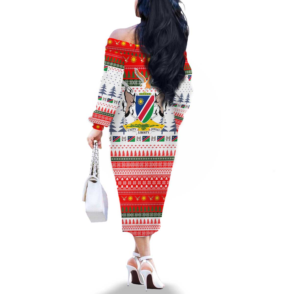 Namibia Christmas Family Matching Off The Shoulder Long Sleeve Dress and Hawaiian Shirt with Red-Green Theme, Coat of Arms, and National Flag Motif - Wonder Print Shop