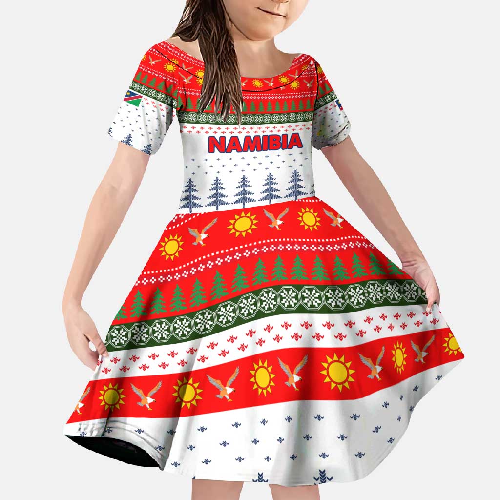 Namibia Christmas Family Matching Off Shoulder Maxi Dress and Hawaiian Shirt with Red-Green Theme, Coat of Arms, and National Flag Motif - Wonder Print Shop