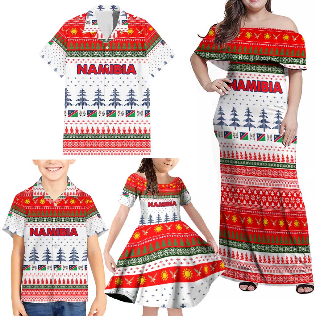 Namibia Christmas Family Matching Off Shoulder Maxi Dress and Hawaiian Shirt with Red-Green Theme, Coat of Arms, and National Flag Motif - Wonder Print Shop