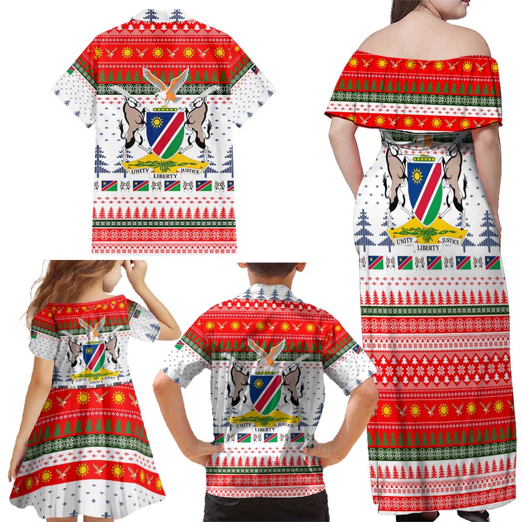 Namibia Christmas Family Matching Off Shoulder Maxi Dress and Hawaiian Shirt with Red-Green Theme, Coat of Arms, and National Flag Motif - Wonder Print Shop