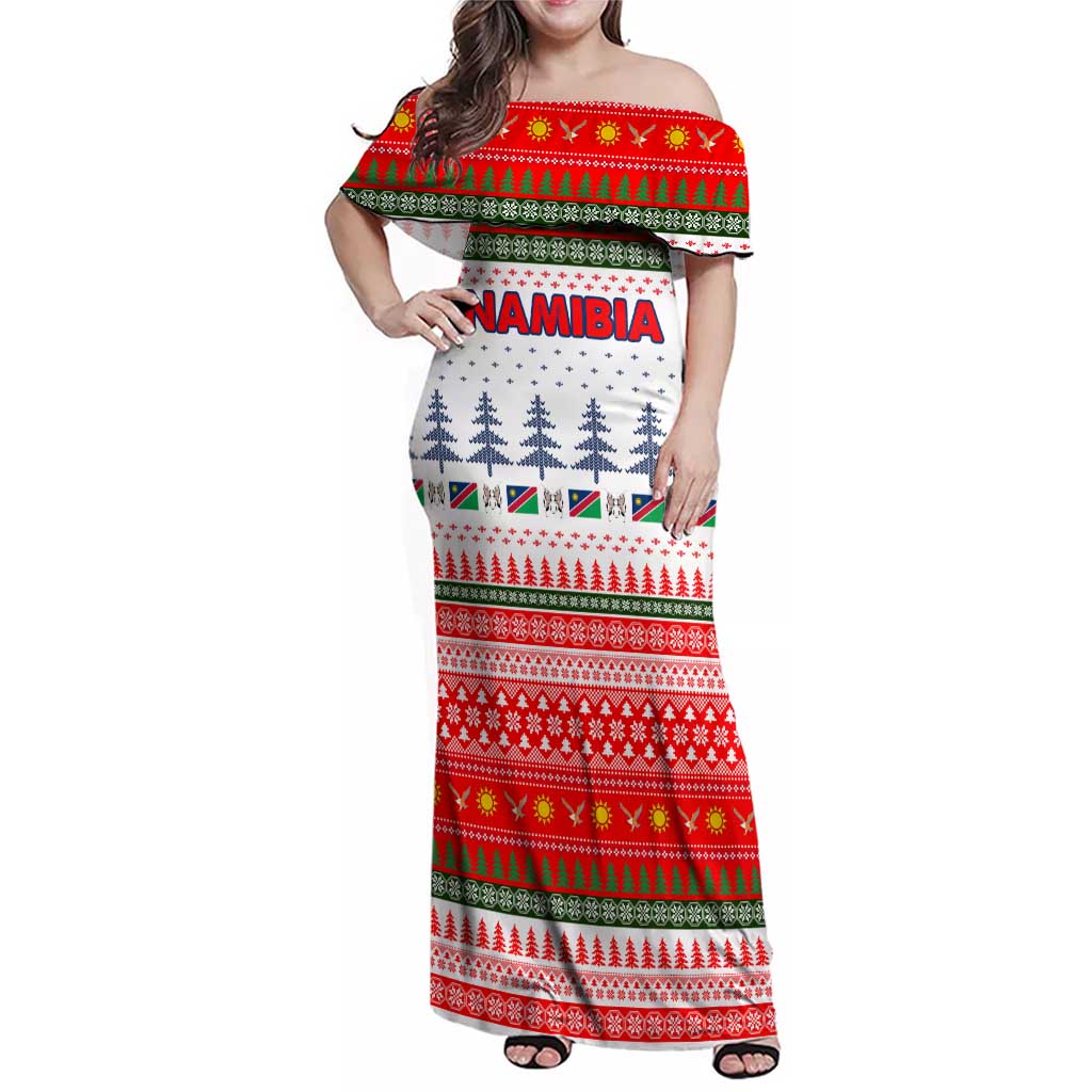 Namibia Christmas Family Matching Off Shoulder Maxi Dress and Hawaiian Shirt with Red-Green Theme, Coat of Arms, and National Flag Motif - Wonder Print Shop