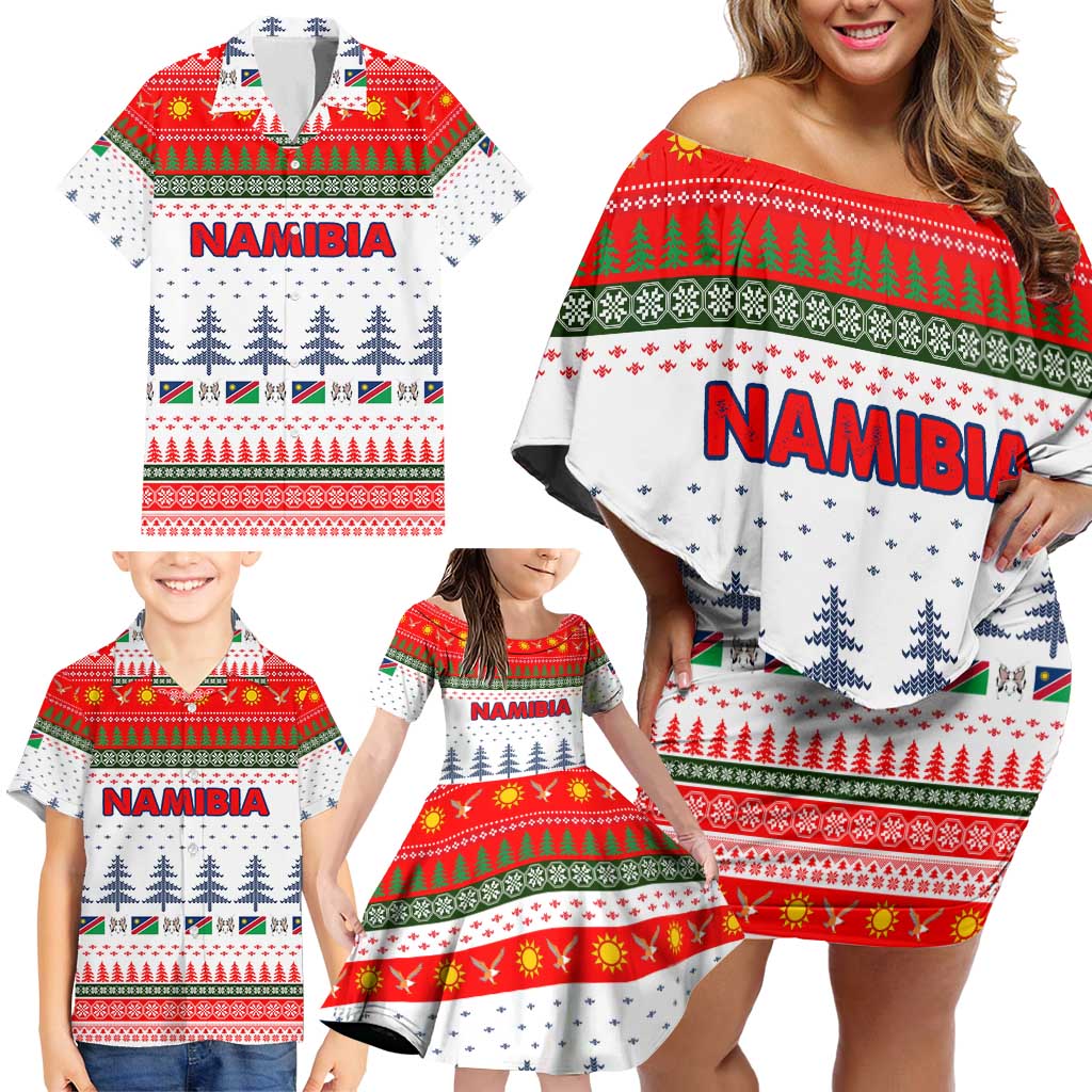 Namibia Christmas Family Matching Off Shoulder Short Dress and Hawaiian Shirt with Red-Green Theme, Coat of Arms, and National Flag Motif - Wonder Print Shop