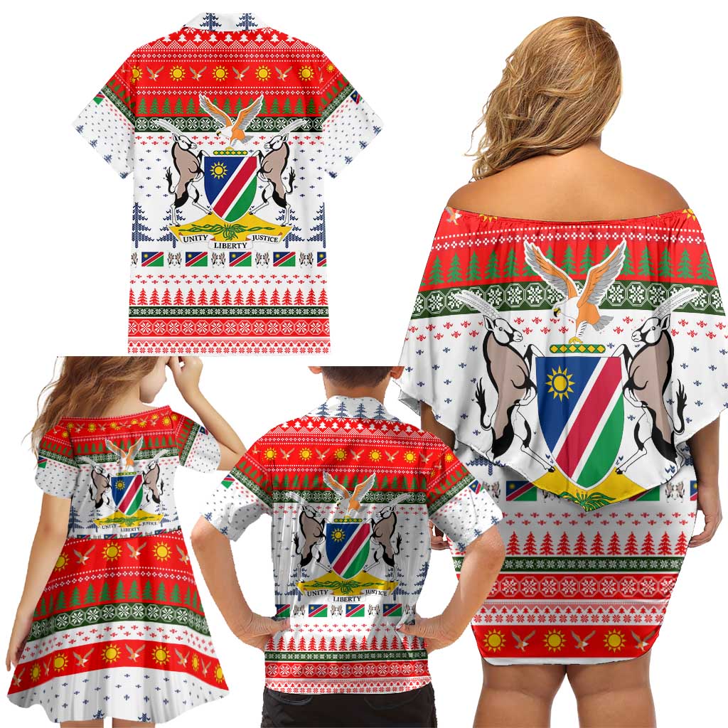Namibia Christmas Family Matching Off Shoulder Short Dress and Hawaiian Shirt with Red-Green Theme, Coat of Arms, and National Flag Motif - Wonder Print Shop