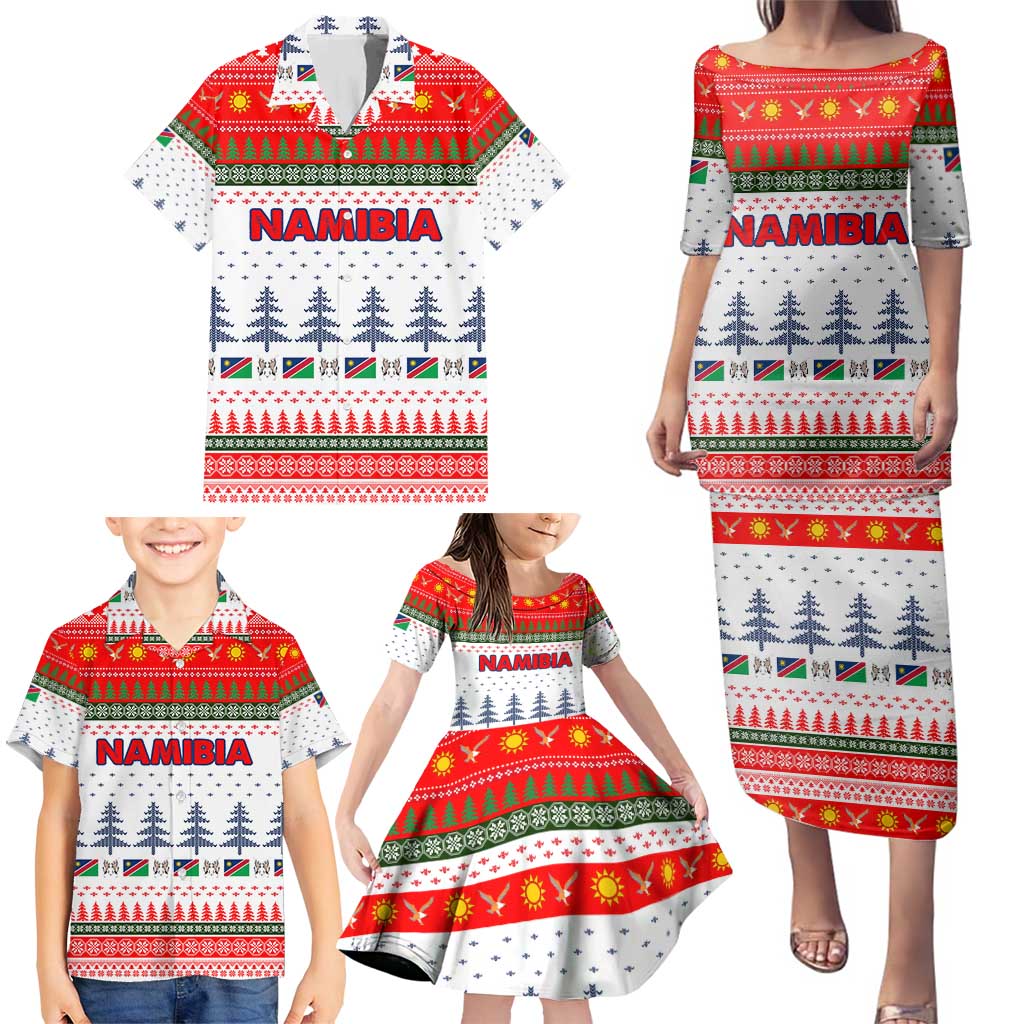 Namibia Christmas Family Matching Puletasi and Hawaiian Shirt with Red-Green Theme, Coat of Arms, and National Flag Motif - Wonder Print Shop