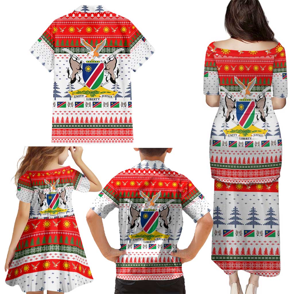 Namibia Christmas Family Matching Puletasi and Hawaiian Shirt with Red-Green Theme, Coat of Arms, and National Flag Motif - Wonder Print Shop