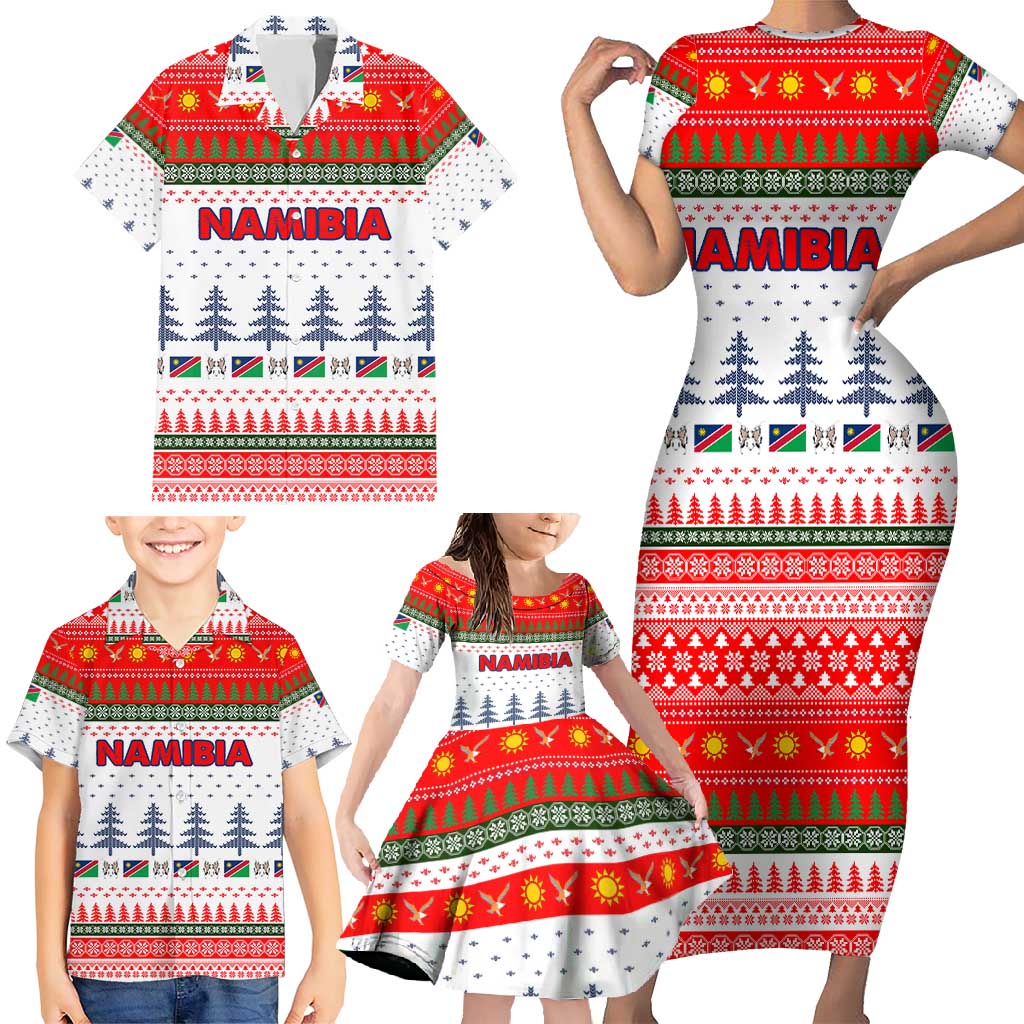 Namibia Christmas Family Matching Short Sleeve Bodycon Dress and Hawaiian Shirt with Red-Green Theme, Coat of Arms, and National Flag Motif - Wonder Print Shop