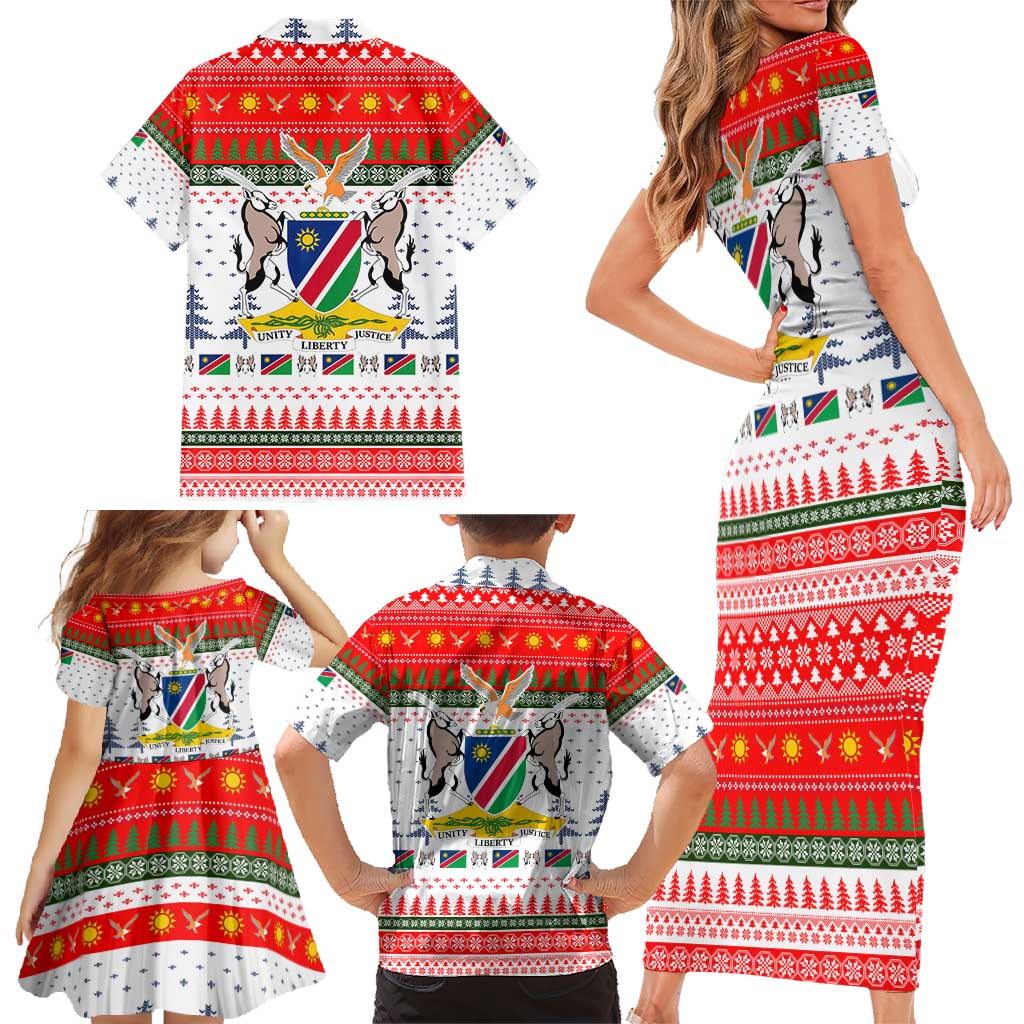 Namibia Christmas Family Matching Short Sleeve Bodycon Dress and Hawaiian Shirt with Red-Green Theme, Coat of Arms, and National Flag Motif - Wonder Print Shop