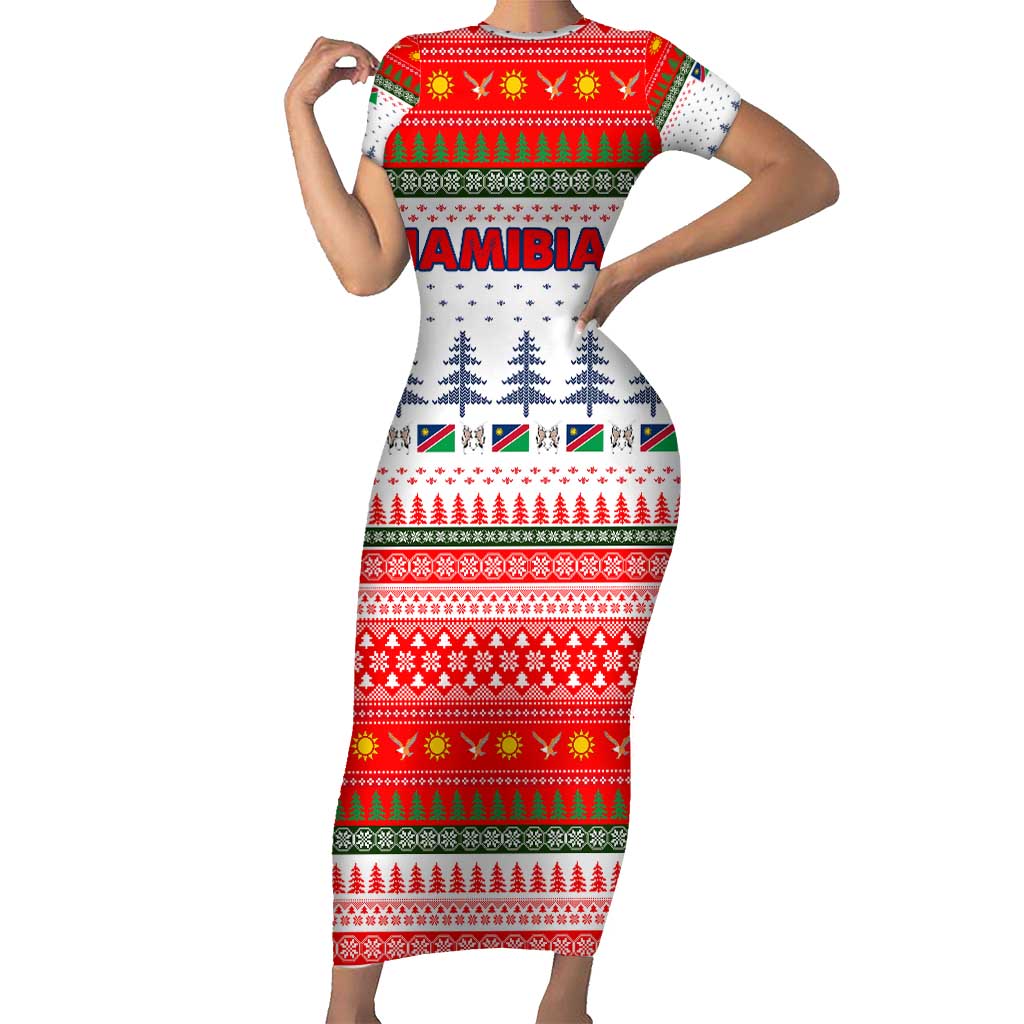 Namibia Christmas Family Matching Short Sleeve Bodycon Dress and Hawaiian Shirt with Red-Green Theme, Coat of Arms, and National Flag Motif - Wonder Print Shop