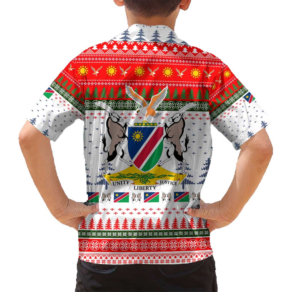 Namibia Christmas Family Matching Summer Maxi Dress and Hawaiian Shirt with Red-Green Theme, Coat of Arms, and National Flag Motif - Wonder Print Shop