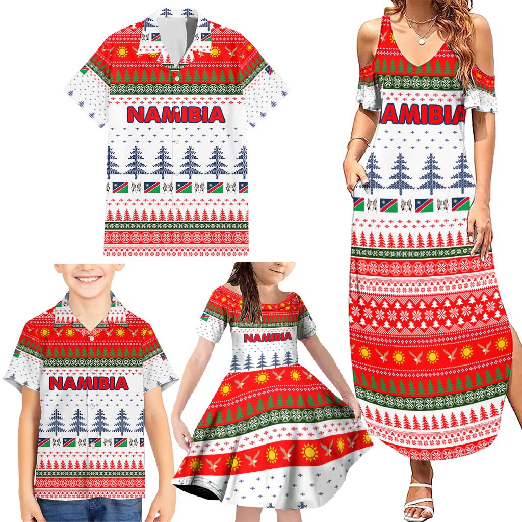 Namibia Christmas Family Matching Summer Maxi Dress and Hawaiian Shirt with Red-Green Theme, Coat of Arms, and National Flag Motif - Wonder Print Shop