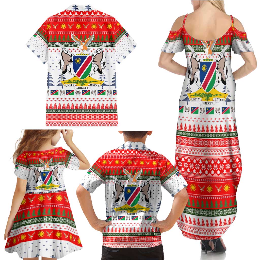 Namibia Christmas Family Matching Summer Maxi Dress and Hawaiian Shirt with Red-Green Theme, Coat of Arms, and National Flag Motif - Wonder Print Shop