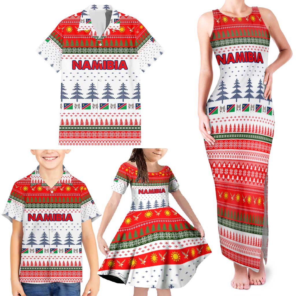 Namibia Christmas Family Matching Tank Maxi Dress and Hawaiian Shirt with Red-Green Theme, Coat of Arms, and National Flag Motif - Wonder Print Shop