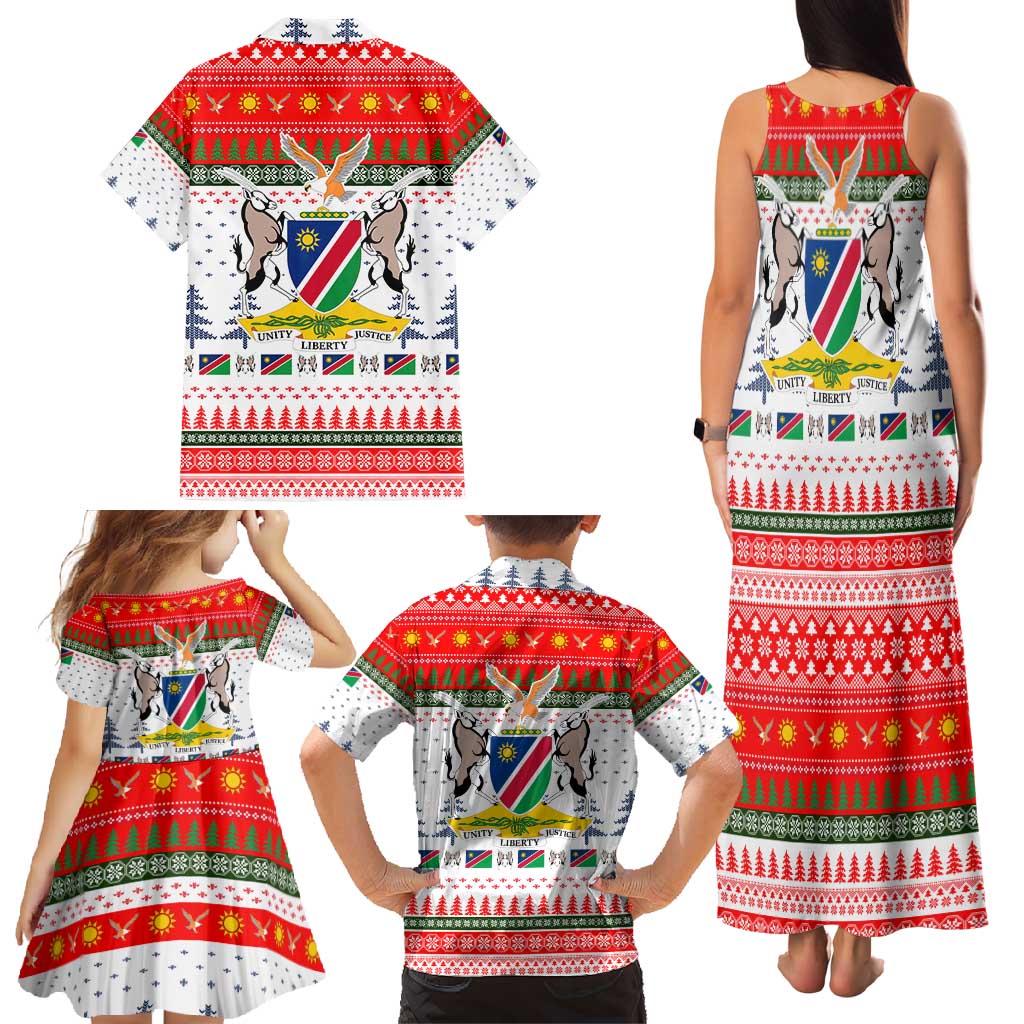 Namibia Christmas Family Matching Tank Maxi Dress and Hawaiian Shirt with Red-Green Theme, Coat of Arms, and National Flag Motif - Wonder Print Shop