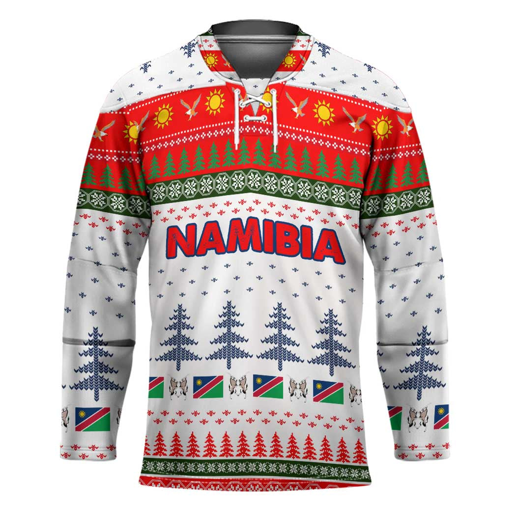 Namibia Christmas Hockey Jersey with Red-Green Theme, Coat of Arms, and National Flag Motif - Wonder Print Shop