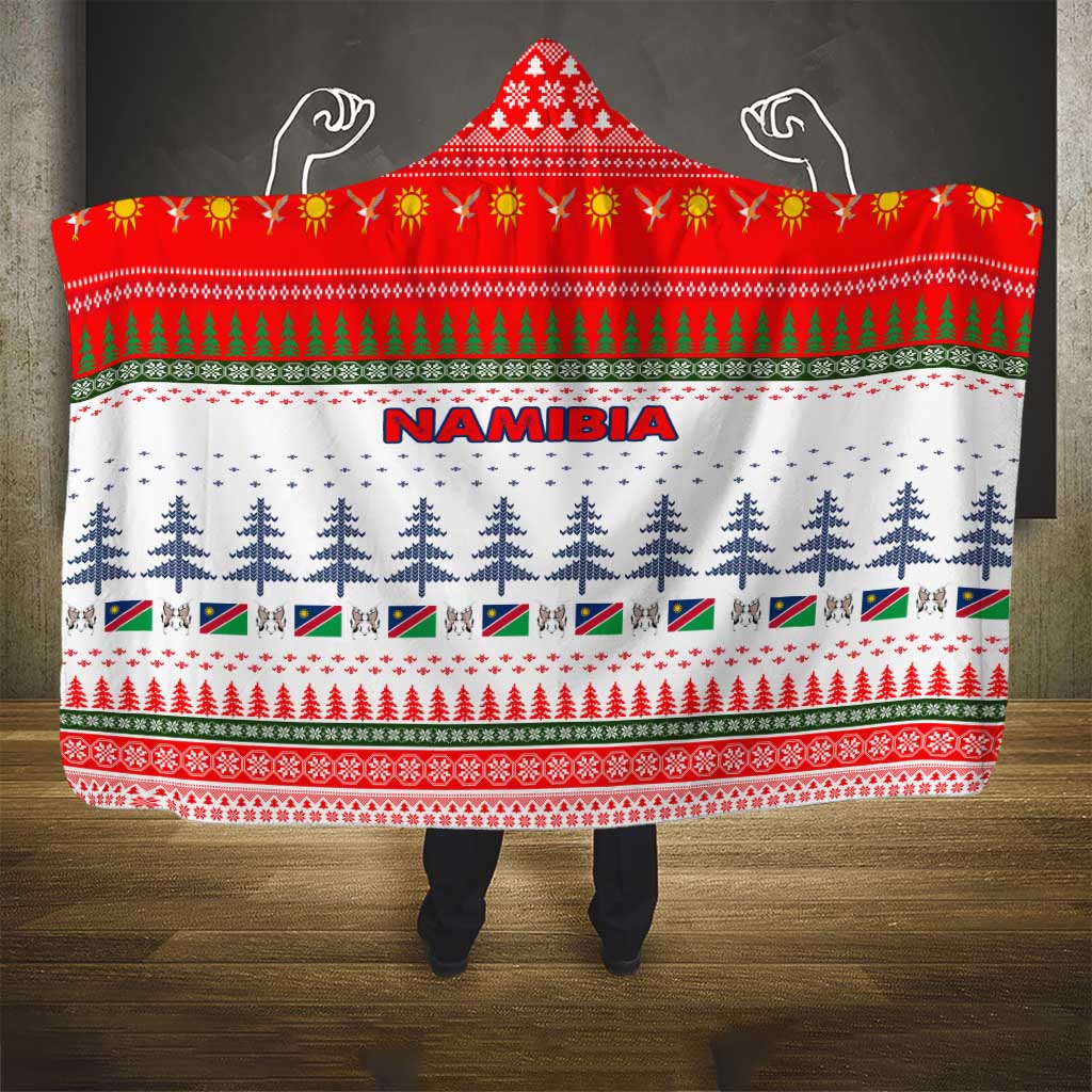 Namibia Christmas Hooded Blanket with Red-Green Theme, Coat of Arms, and National Flag Motif - Wonder Print Shop
